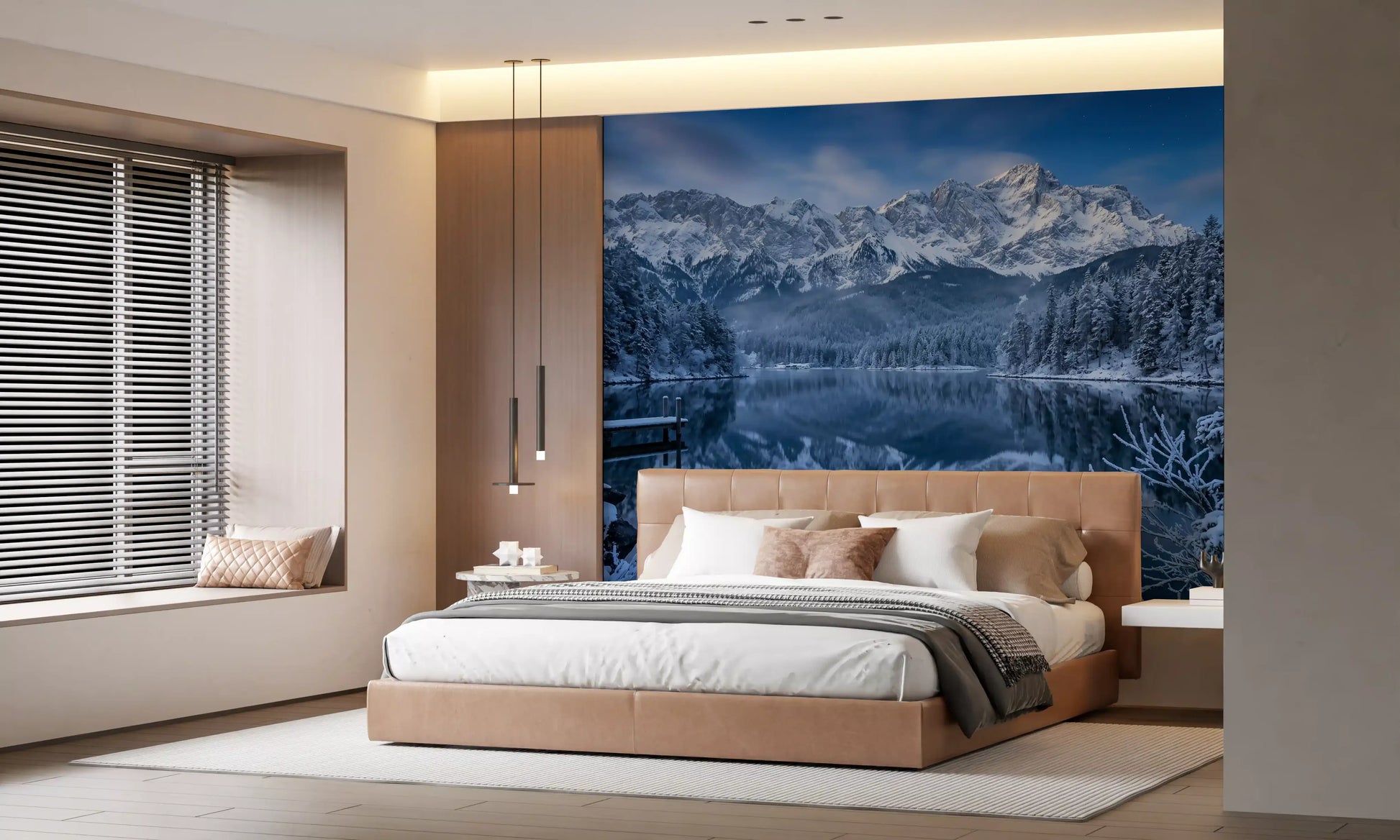 Bedroom with Alpine Winter Reflection Wall Mural mountain view.