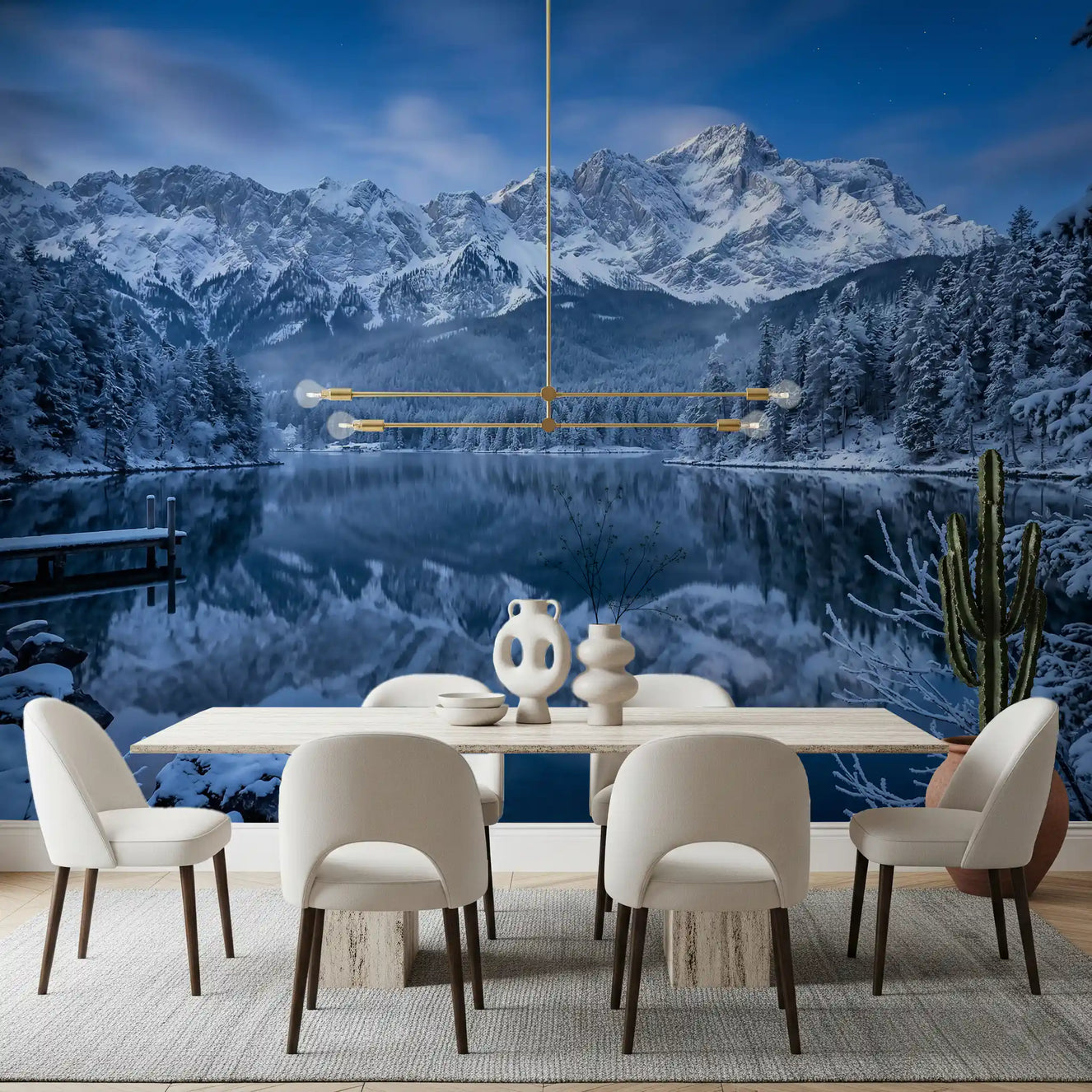 Dining room with Alpine Winter Reflection Wall Mural landscape.