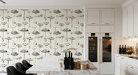 Forest Mushroom Sketch Wallpaper installed in a small kitchen area