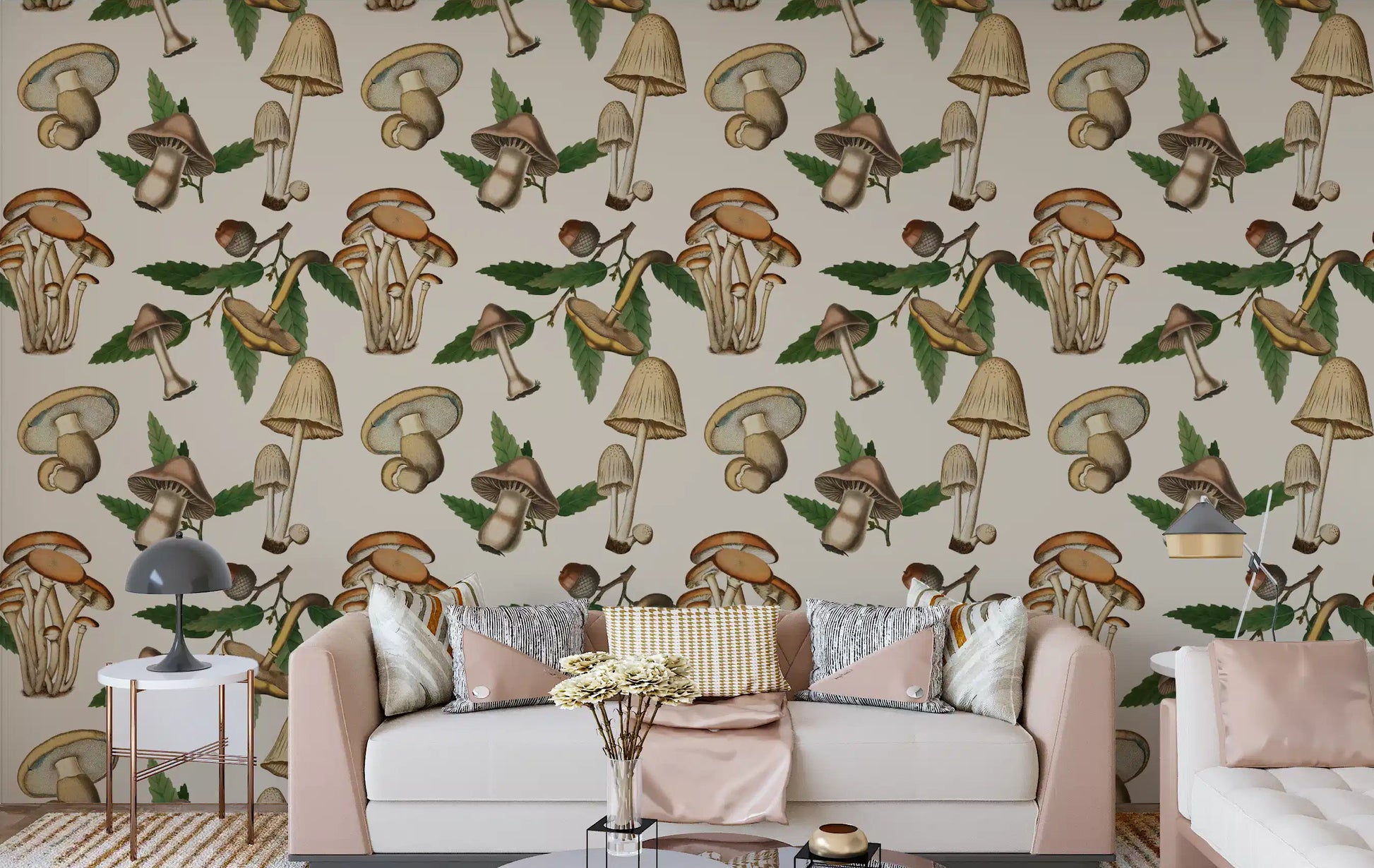 Living room with Ancient Forest Mushrooms and Acorns Wallpaper.