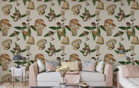 Living room with Ancient Forest Mushrooms and Acorns Wallpaper.