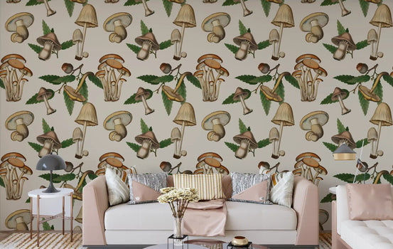 Living room with Ancient Forest Mushrooms and Acorns Wallpaper.