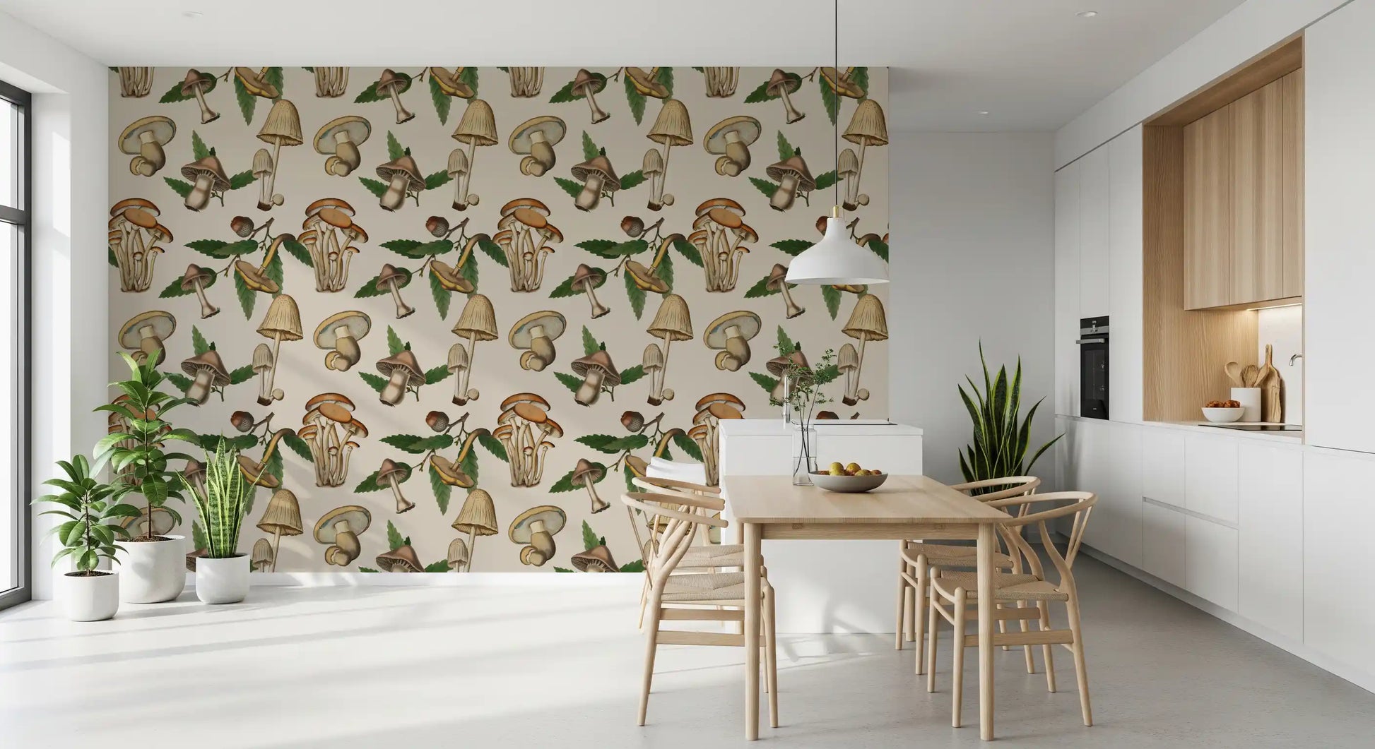 Dining room feature wall with Ancient Forest Mushrooms and Acorns Wallpaper.