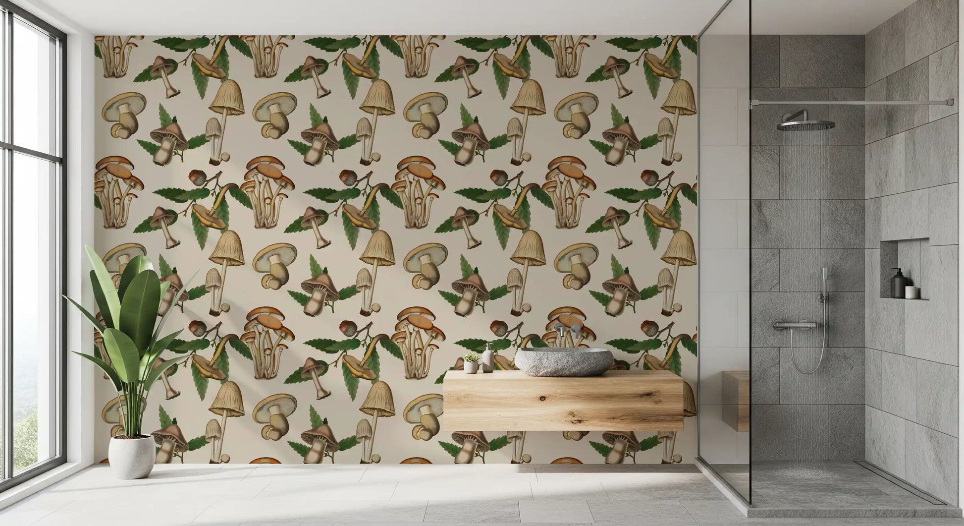 Ancient Forest Mushrooms and oak Acorns Wallpaper in a bathroom.