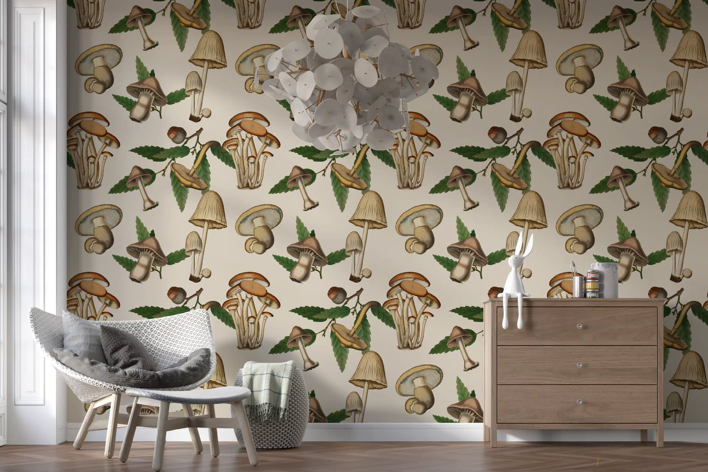 Detailed Ancient Forest Mushrooms and Acorns Wallpaper graphics.