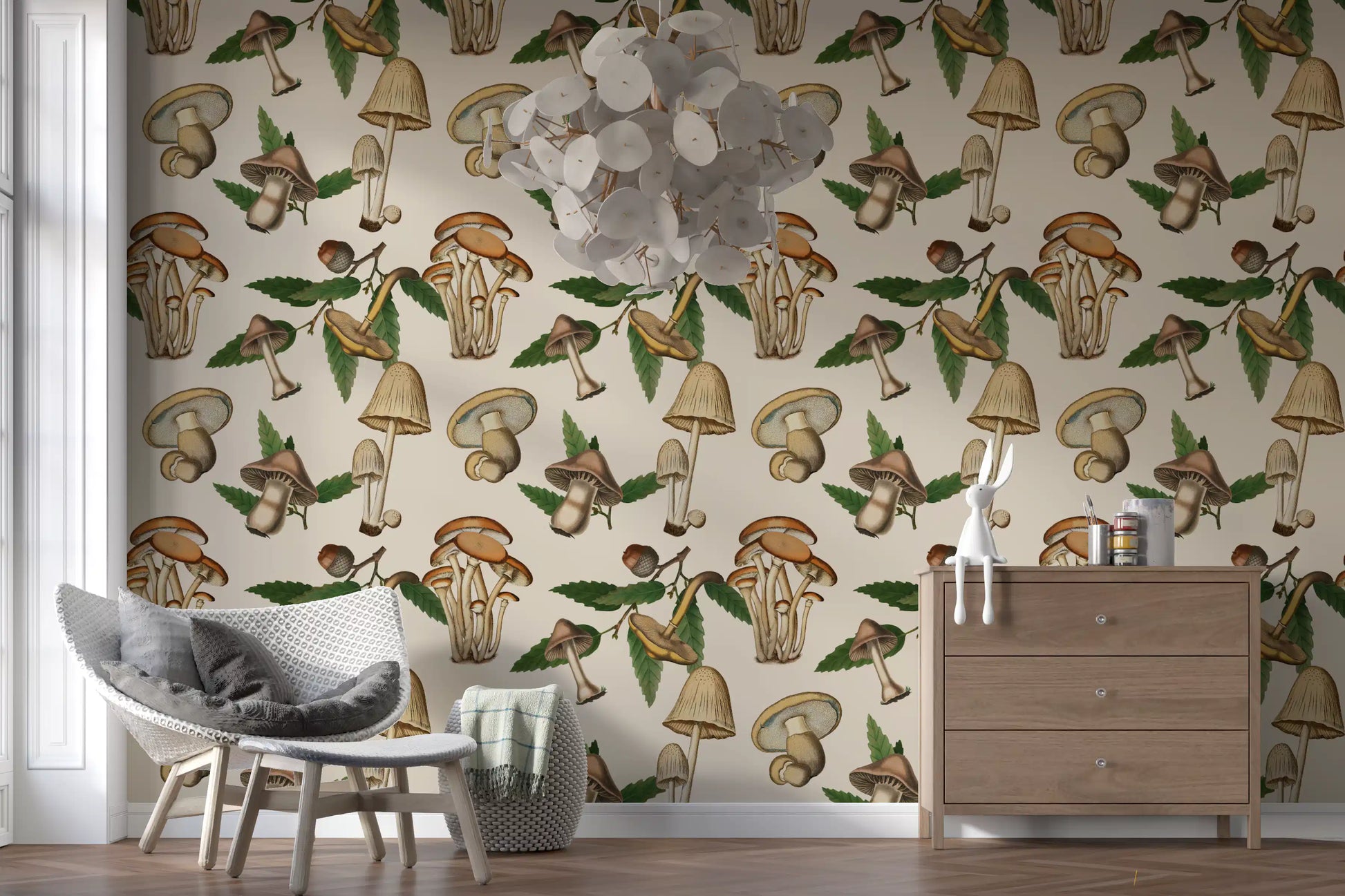 Detailed Ancient Forest Mushrooms and Acorns Wallpaper graphics.