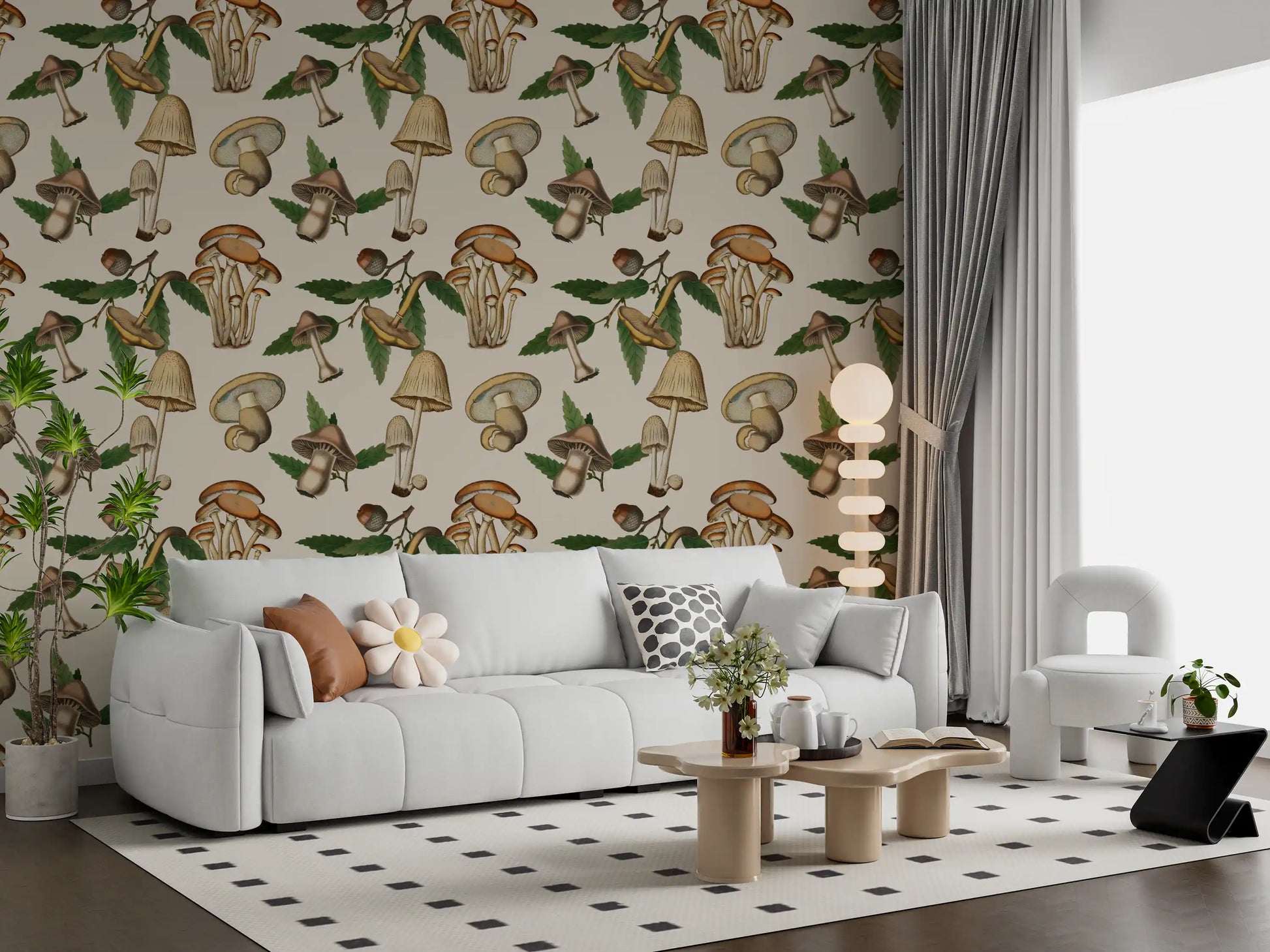 Vintage Ancient Forest Mushrooms and earthy Acorns Wallpaper art.