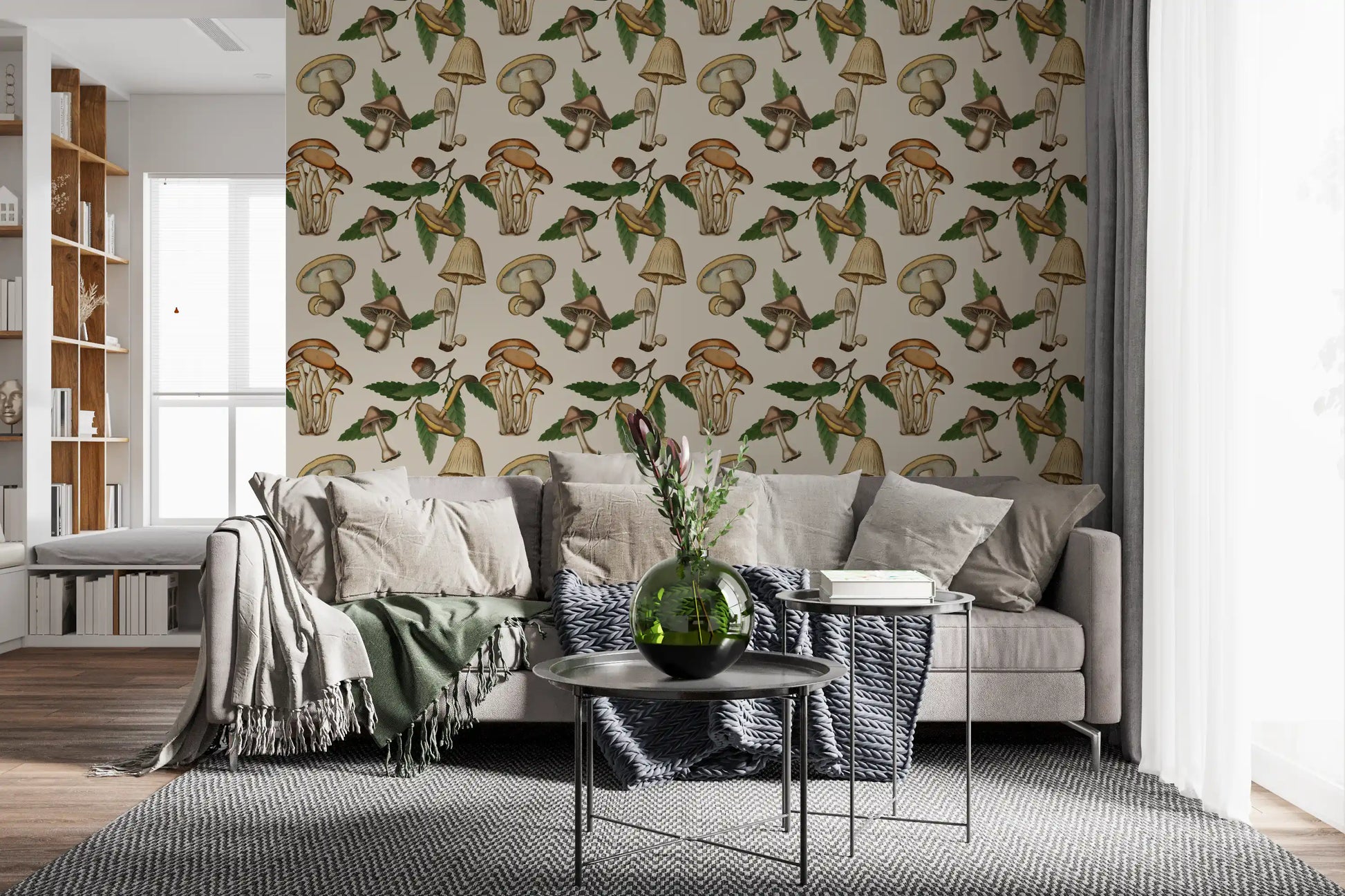 Ancient Forest Mushrooms print Acorns Wallpaper in a study room.