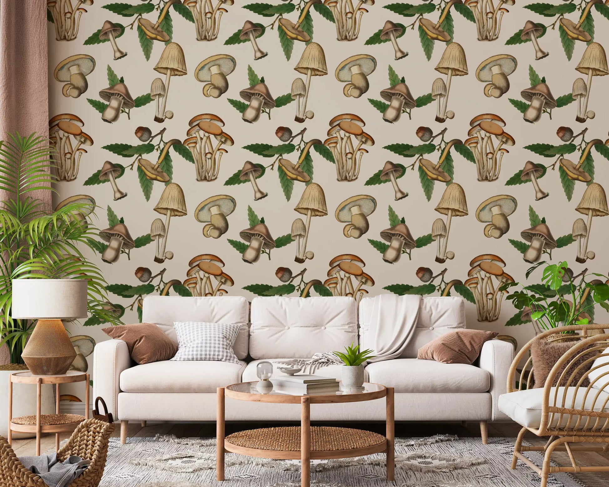Ancient Forest Mushrooms design with small Acorns Wallpaper details.
