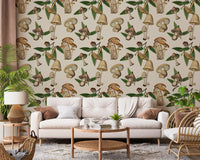 Ancient Forest Mushrooms design with small Acorns Wallpaper details.