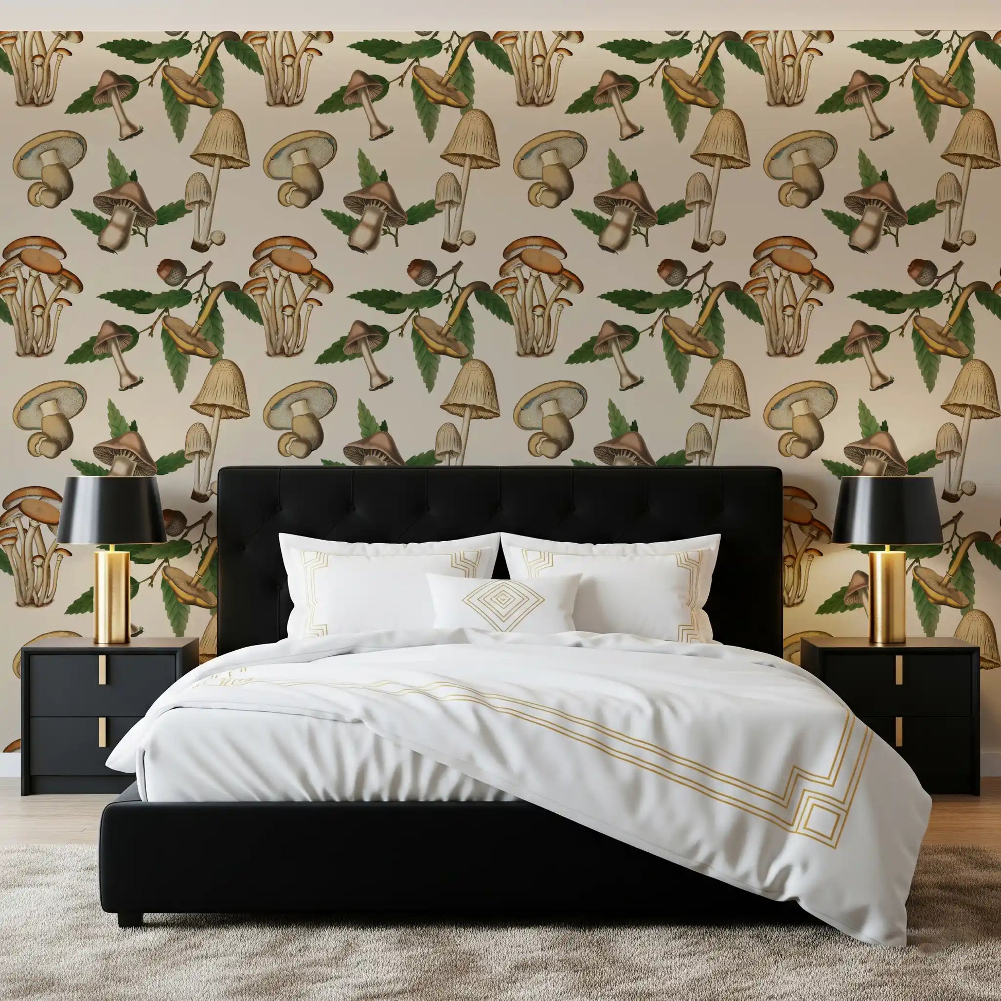 Fungi illustrations on this Ancient Forest Mushrooms and Acorns Wallpaper.