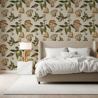Bedroom wall decor using Ancient Forest Mushrooms and Acorns Wallpaper.