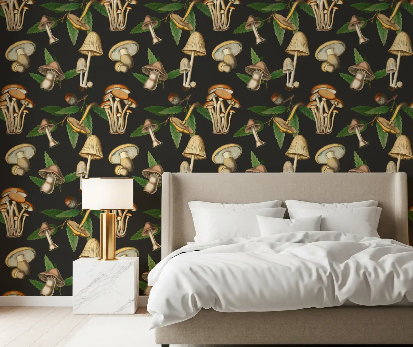 Bedroom wall styled in Forest Mushroom Pattern wallpaper with leafy fungi detail