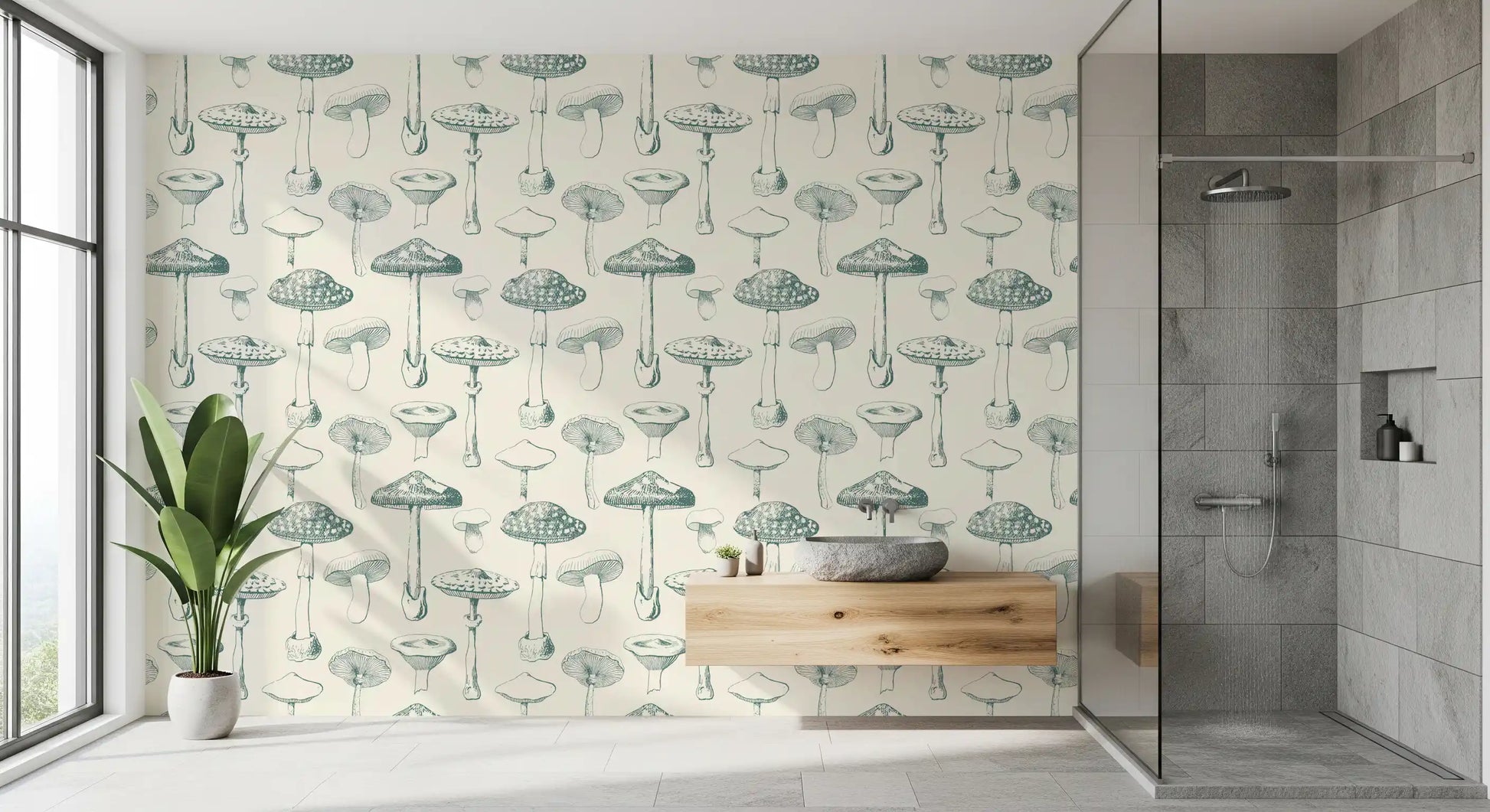 Hand-drawn caps and stems shape Verdant Wallpaper in a calm repeat
