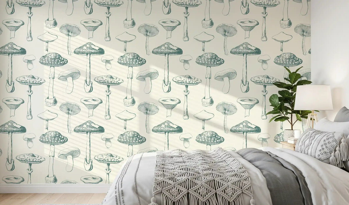 Bedroom with Verdant Spore Study wallpaper in soft mushroom sketch repeat