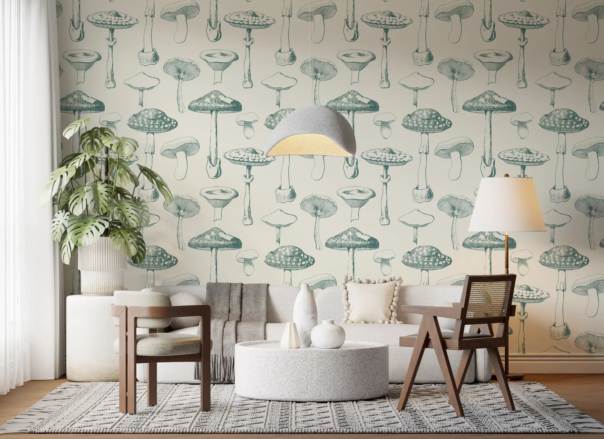 Office Home wall showing Verdant Wallpaper with airy fungi line art pattern