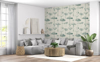 Living room finished using Verdant Study wallpaper on a pale ground