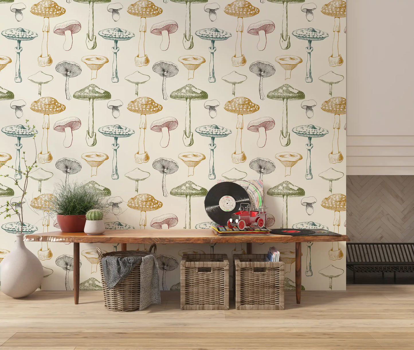 Fine fungi linework gives Collection Mushrooms wallpaper a calm illustrated look