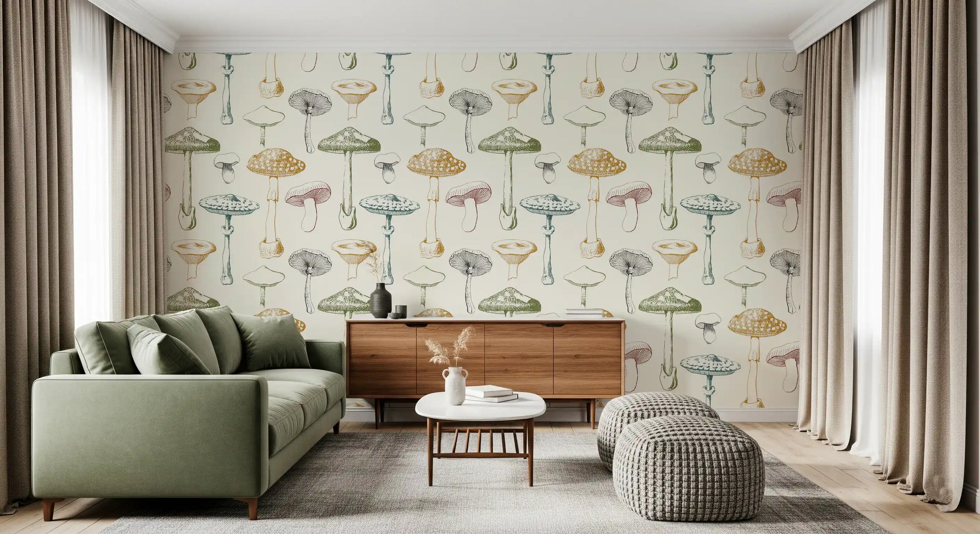 Living room styled with Antique Mushrooms wallpaper in a vintage fungi sketch pattern