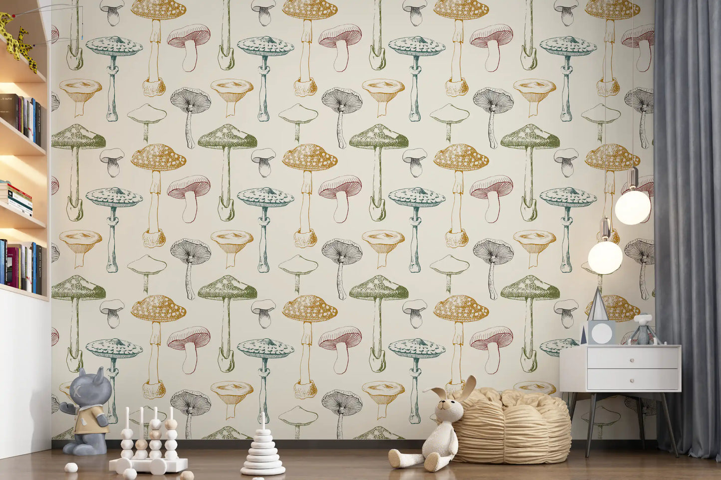 Pale ground highlights Collection Mushrooms wallpaper with refined caps and stems