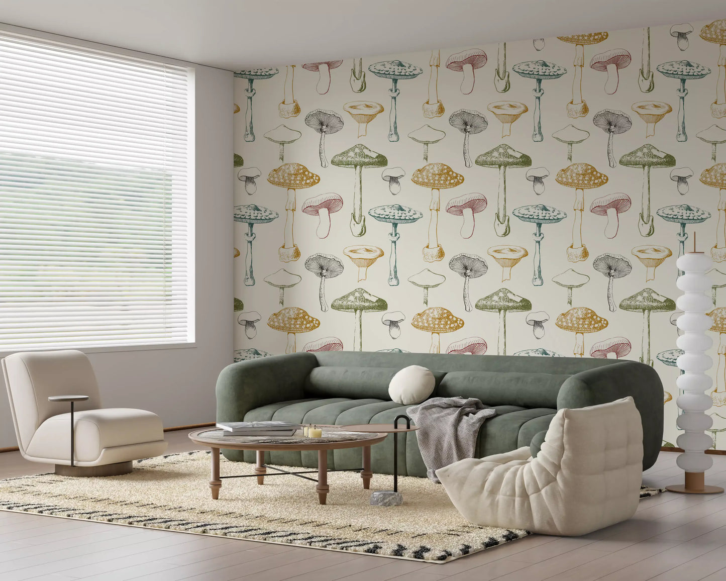 Office wall using Antique Mushrooms wallpaper with soft multitone naturalist detail