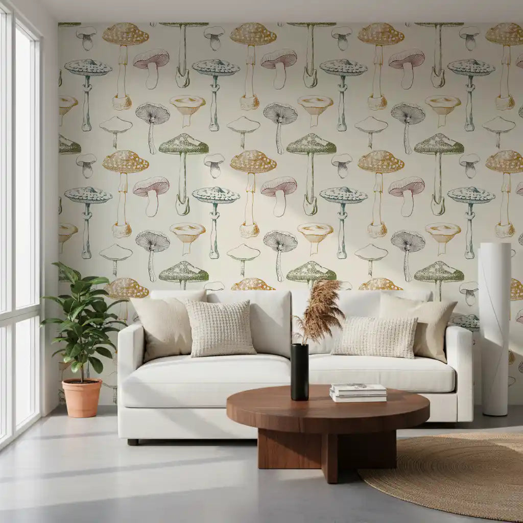 Hallway wall featuring Collection Mushrooms wallpaper with delicate botanical line art