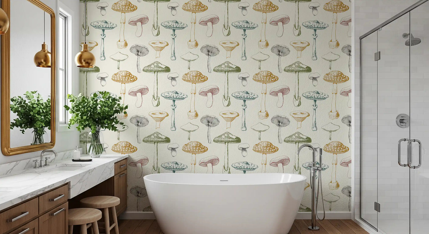 Vintage mushroom studies shape Mushrooms Wallpaper in a clean botanical repeat