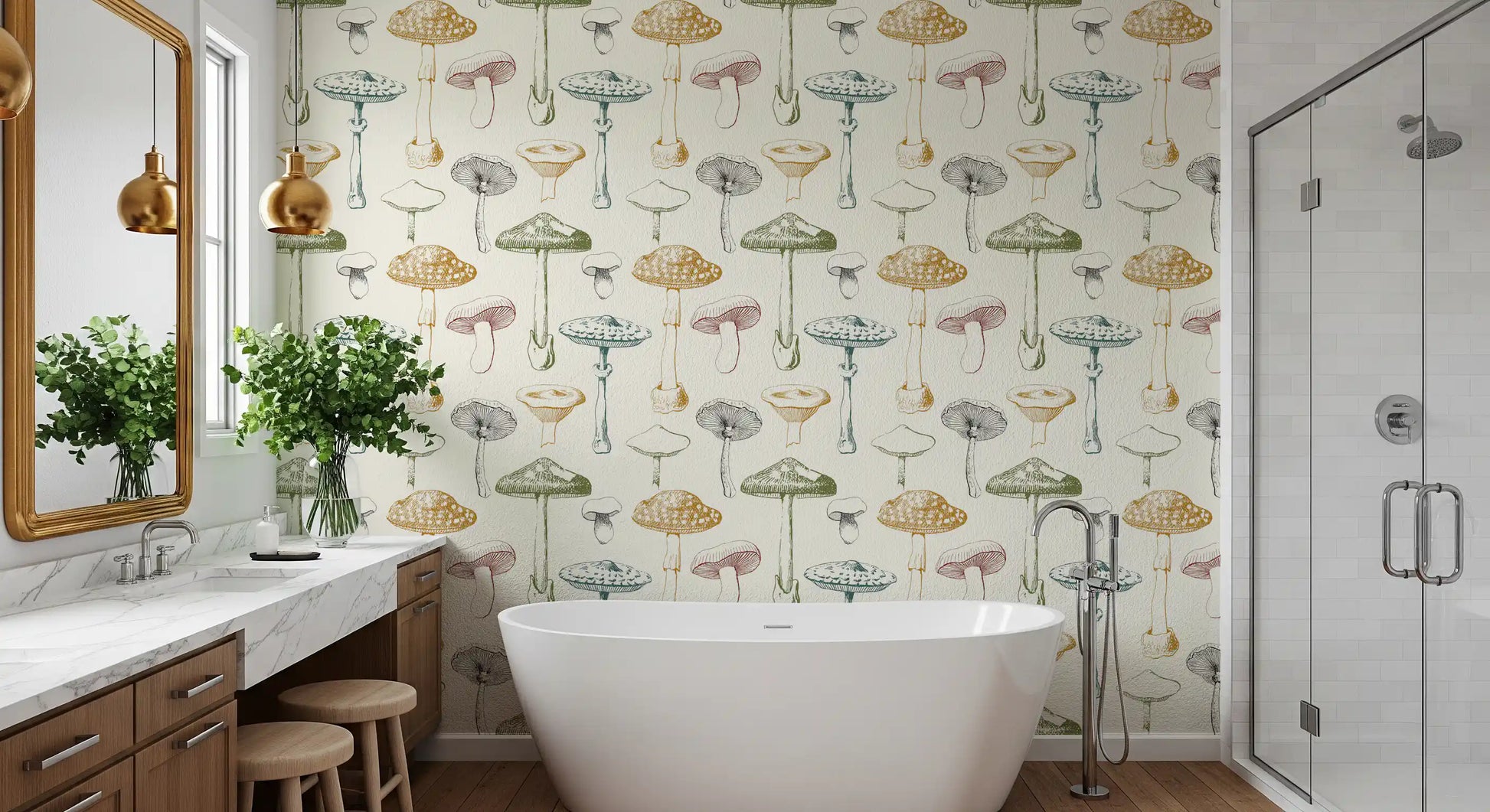 Vintage mushroom studies shape Mushrooms Wallpaper in a clean botanical repeat
