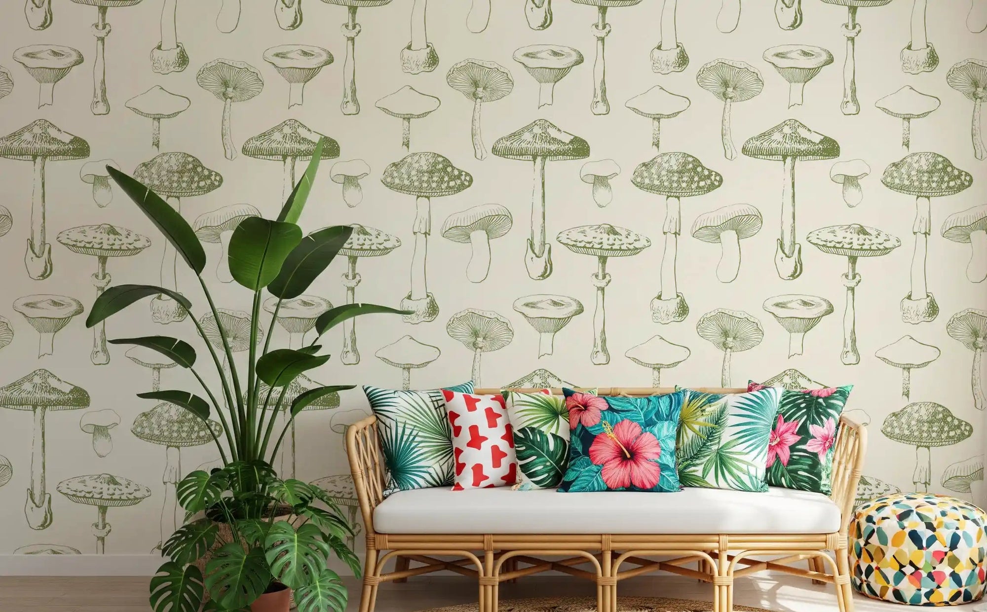 Hallway Ancient Forest Mushrooms wallpaper with hand-drawn fungi pattern