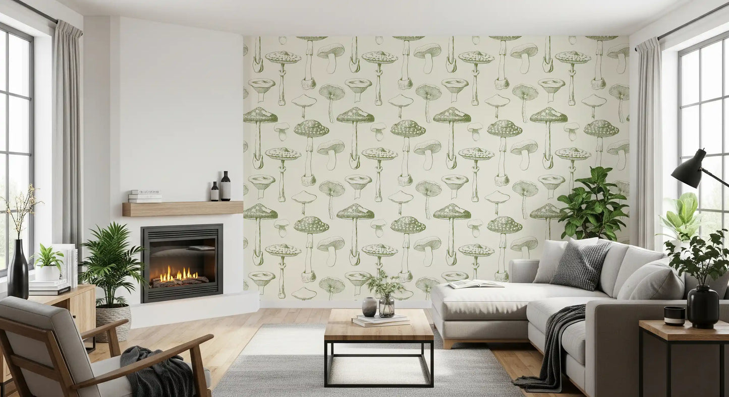 Living room wall with Ancient Forest wallpaper and delicate mushroom drawings