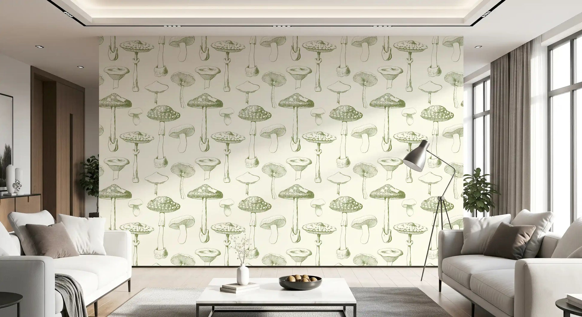 Soft green linework shapes Forest Mushrooms wallpaper with airy spacing