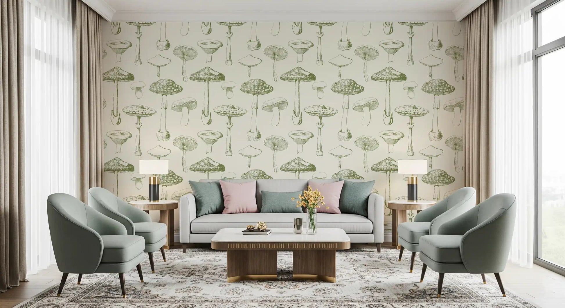 Fine fungi illustration defines Ancient Forest Mushrooms Wallpaper on neutral ground