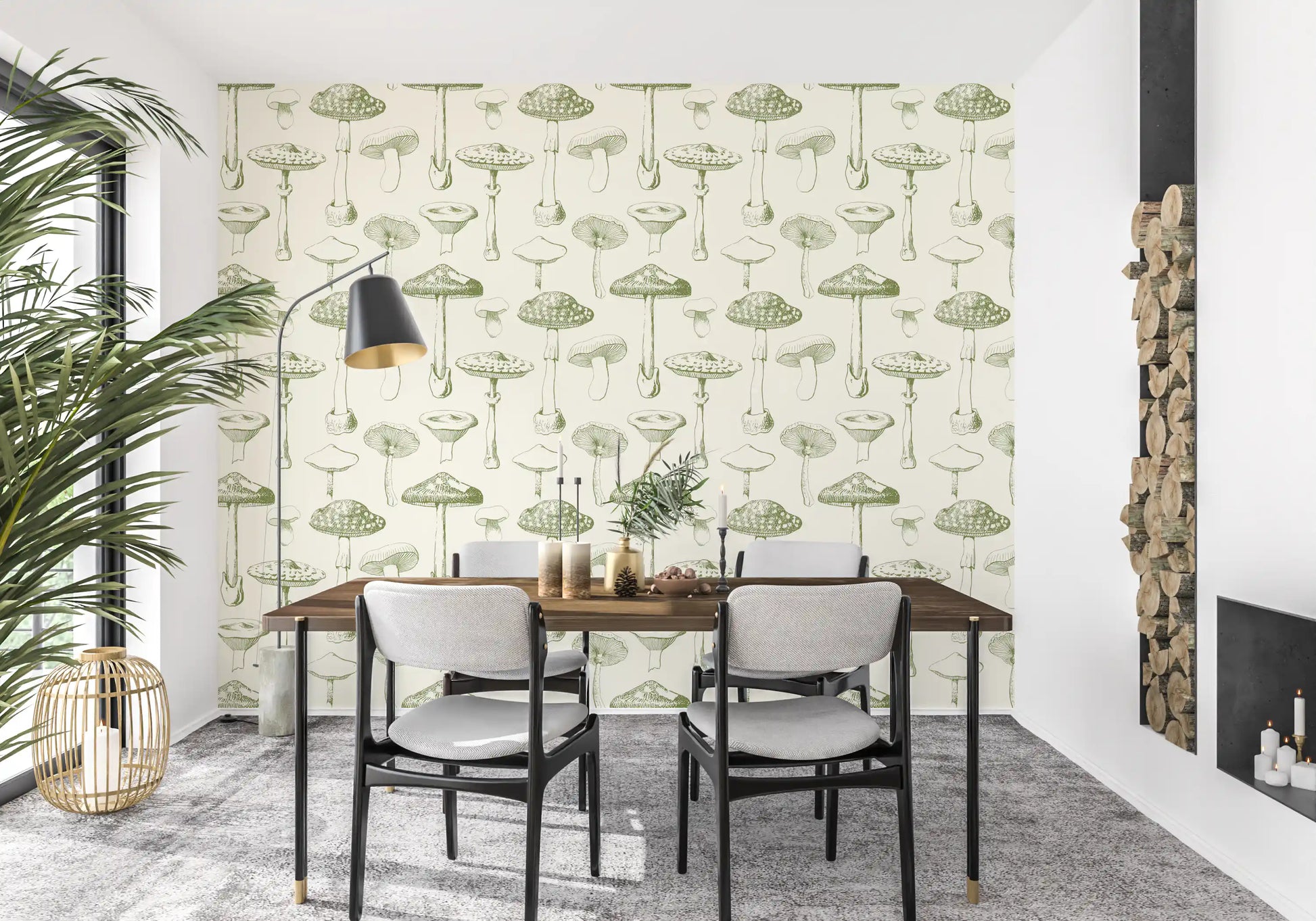Botanical mushroom studies give Ancient Forest wallpaper a calm rhythm
