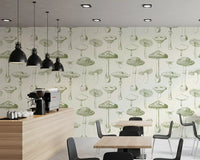 Cafe area wall in Forest Mushrooms wallpaper with soft olive botanical sketching