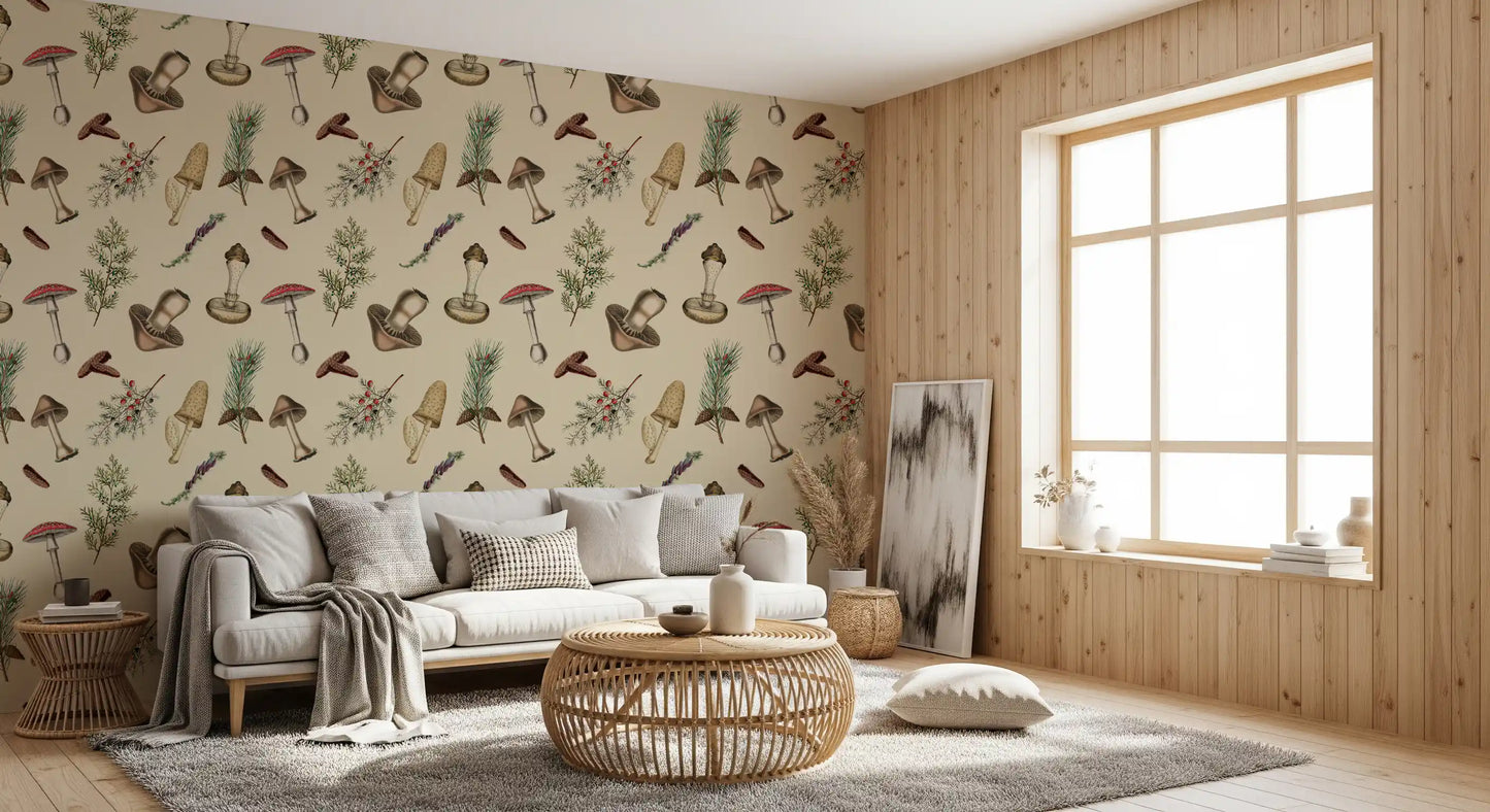 Botanical woodland repeat across Rustic Forest wallpaper design