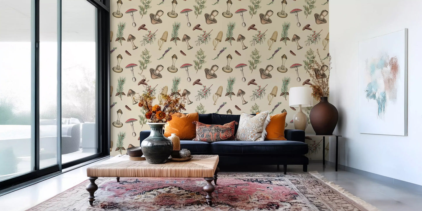 Hallway styled in Forest Fodder wallpaper with woodland botanical sketches