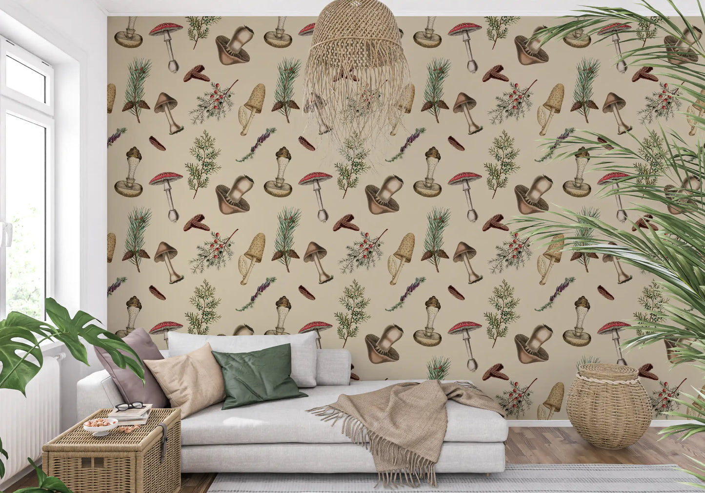 Hallway Forest Fodder wallpaper with vintage mushroom illustrations