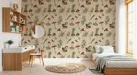 Vintage fungi artwork on Rustic Fodder wallpaper with soft tones