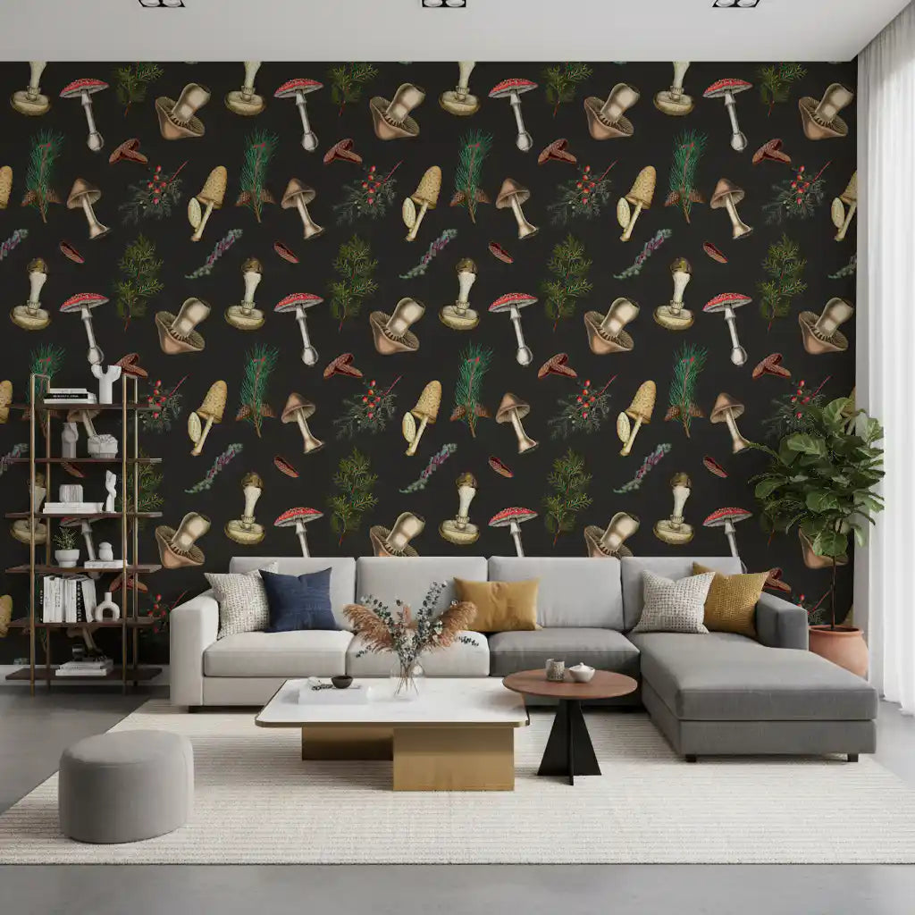 Office wall using Vintage mushrooms fir wallpaper with naturalist forest motifs