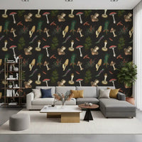 Office wall using Vintage mushrooms fir wallpaper with naturalist forest motifs