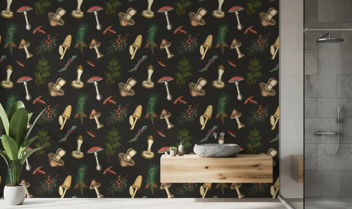 Bathroom Vintage mushrooms forest fir wallpaper with fungi and pine branches