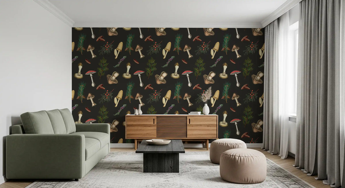 Antique-style mushroom drawings define Vintage mushrooms wallpaper beautifully