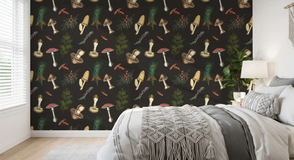 Red-capped fungi stand out in forest fir trees wallpaper with botanical detail