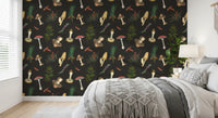 Red-capped fungi stand out in forest fir trees wallpaper with botanical detail
