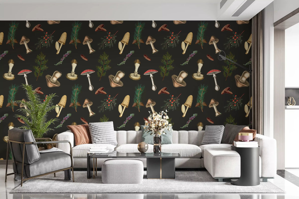 Woodland berries accent mushrooms and fir wallpaper with vintage illustration