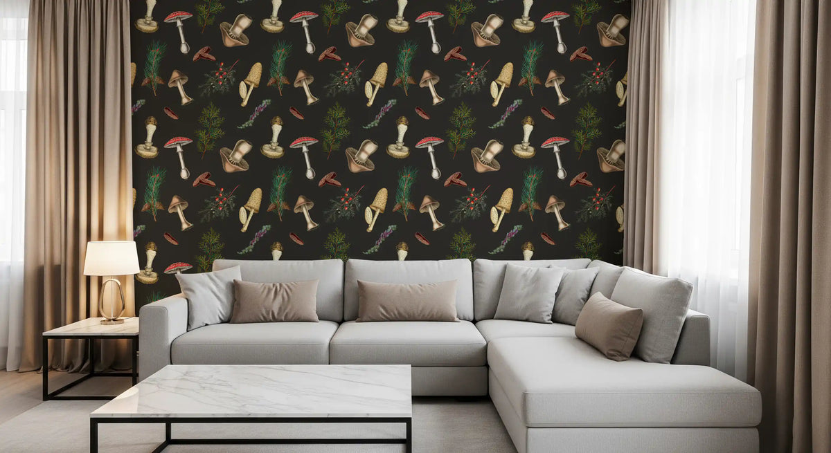 Dark nature pattern shapes Vintage forest trees wallpaper with foraged motifs