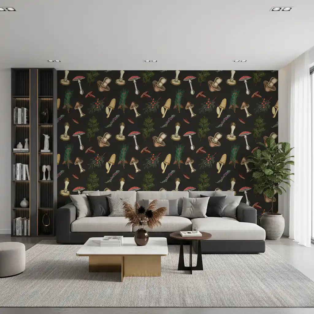 Hallway Vintage forest fir wallpaper with illustrated mushrooms and pinecones