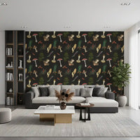 Hallway Vintage forest fir wallpaper with illustrated mushrooms and pinecones