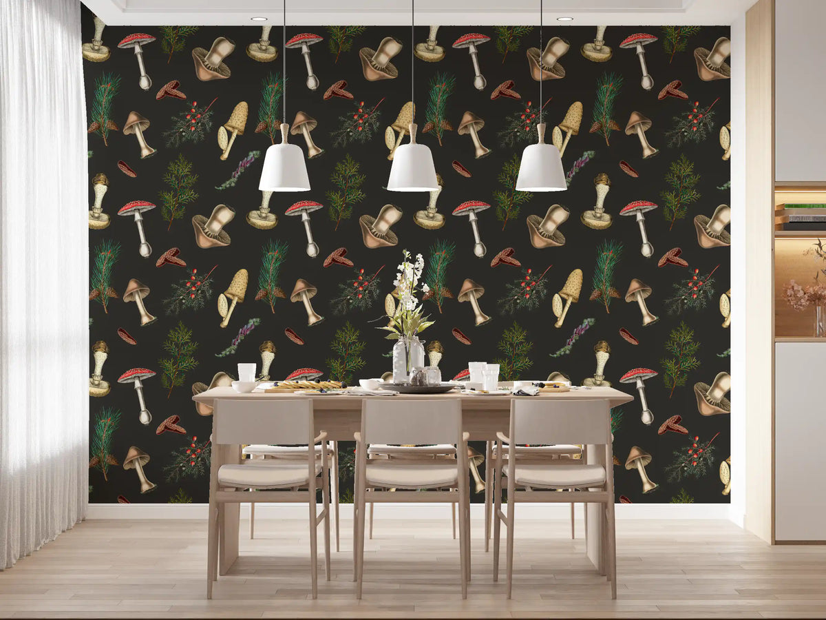 Dining room mushrooms forest trees wallpaper with berries and conifer sprigs