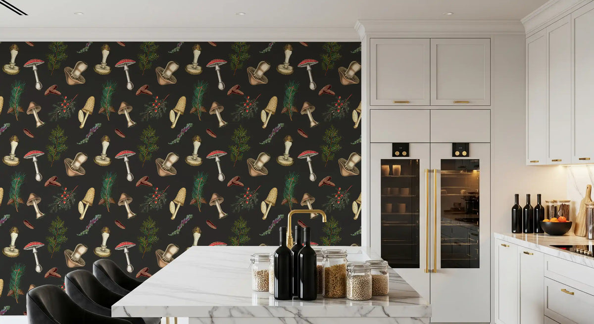Kitchen wall in mushrooms and fir trees wallpaper on a dark woodland ground